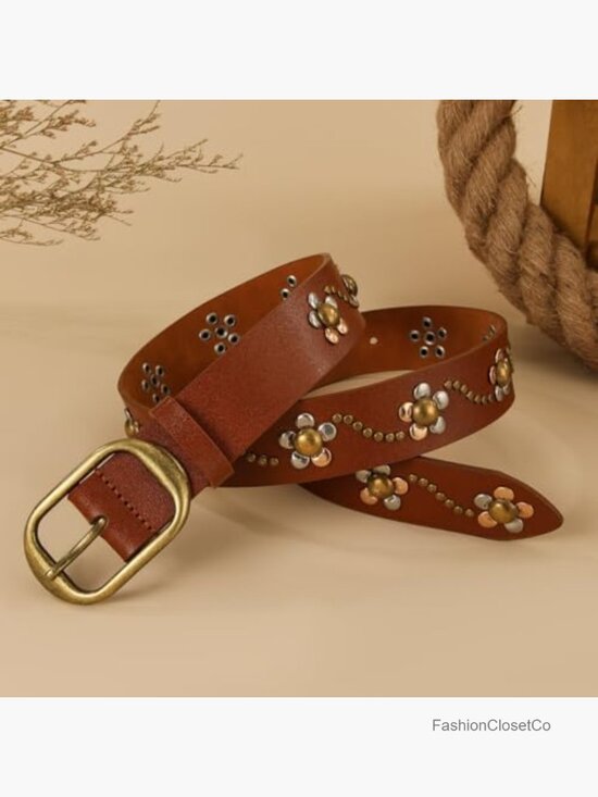 PU Leather Studded Flower Punk Belt for Western Cowgirl